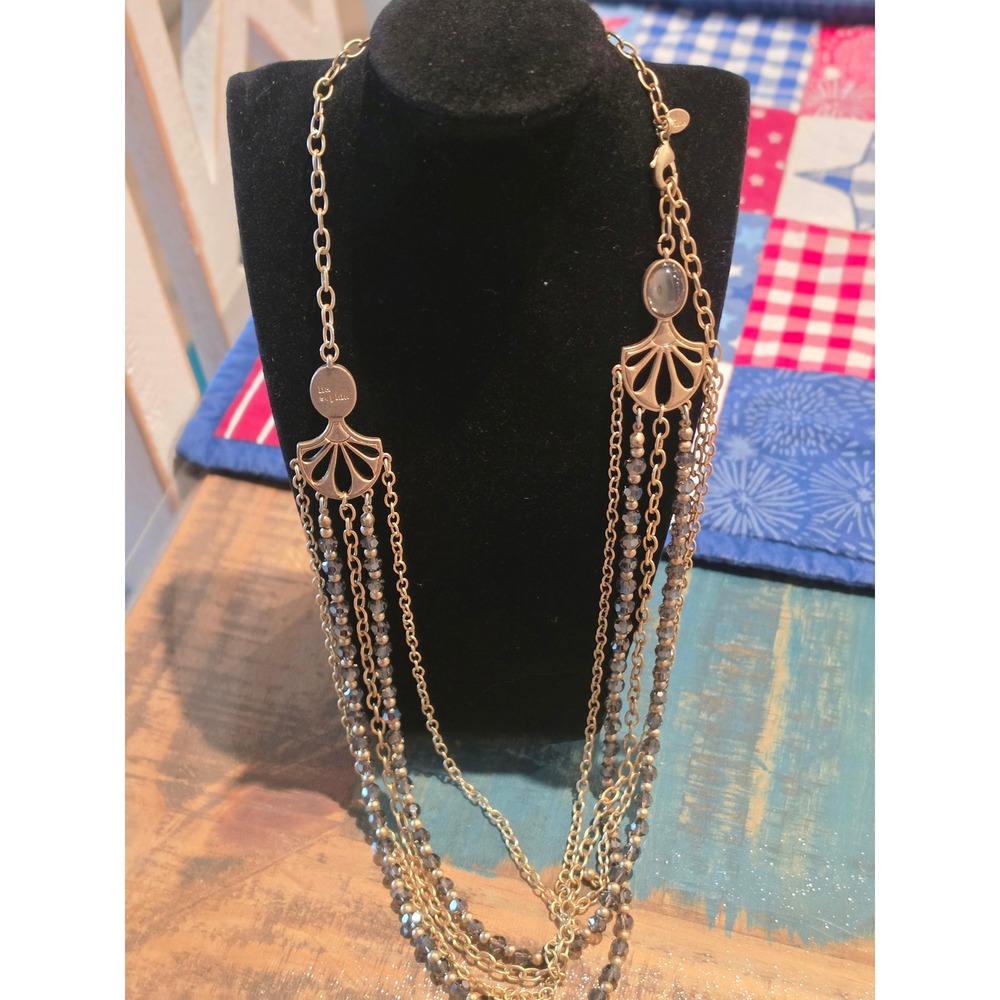 Lia Sophia Gold Tone Smoky Grey Bead Multi Strand Art Deco Statement Necklace